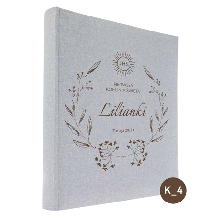 Album tradycyjny 60 stron ecru Linen Ash szary, personalizacja Komunia Św.